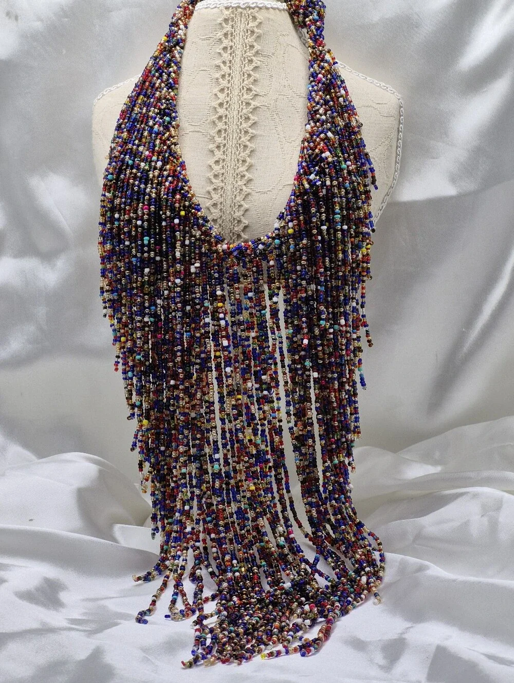 Kenyan Massai Multicolor Beaded Fringe Choker Statement Necklace